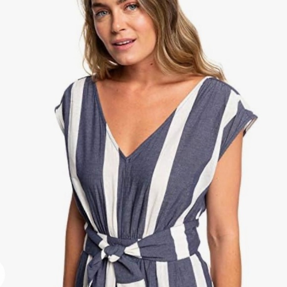 🌻ROXY "Same Old" Blues Striped Wide Leg Jumpsuit With Belt || Size Small - Picture 3 of 11